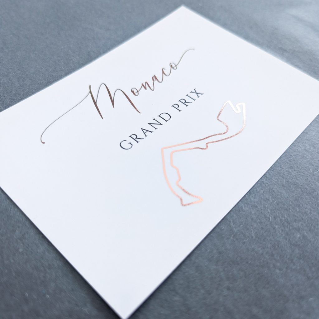 F1 Table name card, wedding stationery, rose gold foiling