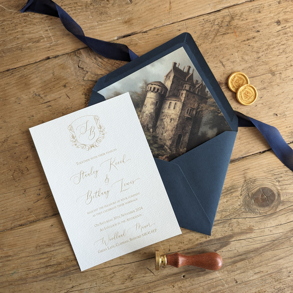 Navy Baroque French Wedding Invitation with navy envelope with printed envelope liner with watercolour painting, personalised monogram wax seals