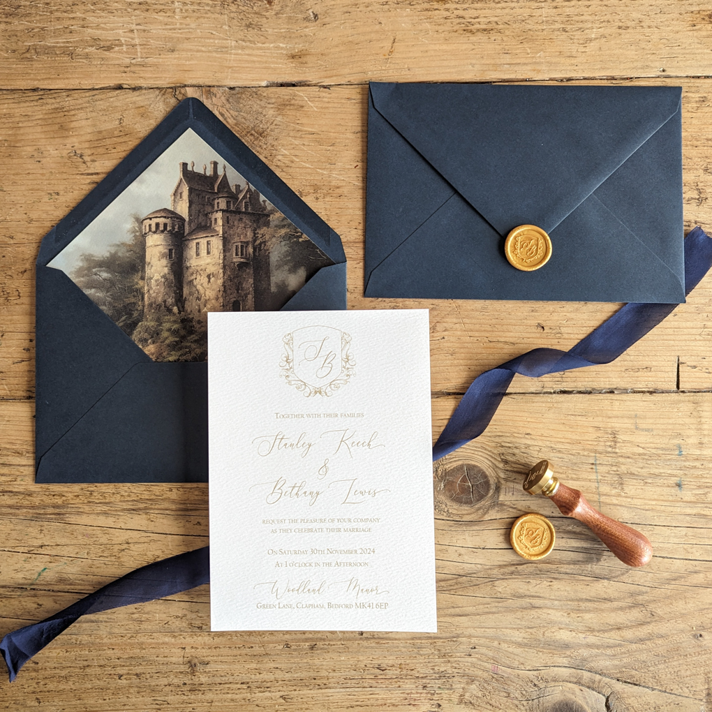 Navy Baroque French Wedding Invitation with navy envelope with printed envelope liner with watercolour painting, personalised monogram wax seals